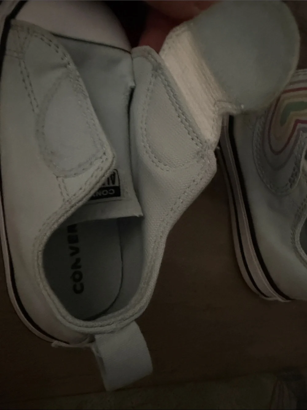Kids Converse size 8T White and teal Slip-On Sneakers with Rainbow Heart Detail
